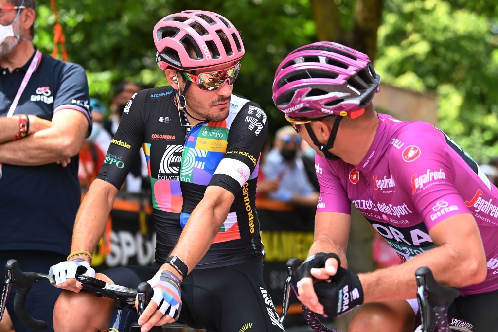 ALPE DI MERA VALSESIA ITALY MAY 28 Alberto Bettiol of Italy and Team EF Education Nippo Peter Sagan of Slovakia and Team Bora Hansgrohe Purple Points Jersey at start during the 104th Giro dItalia 2021 Stage 19 a 166km stage from Abbiategrasso to Alpe di Mera Valsesia 1531m Stage modified due to the tragic events on May the 23rd 2021 that involved the Mottarone Cableway UCIworldtour girodiitalia Giro on May 28 2021 in Alpe di Mera Valsesia Italy Photo by Stuart FranklinGetty Images