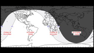 A map showing where the July 5, 2020 penumbral eclipse will be visible from Earth.