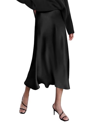 Zeagoo Womens Long Satin Fall Winter Skirt Silk Elegant High Waist Cocktail Party Wedding Flared A-Line Midi Skirts Black S