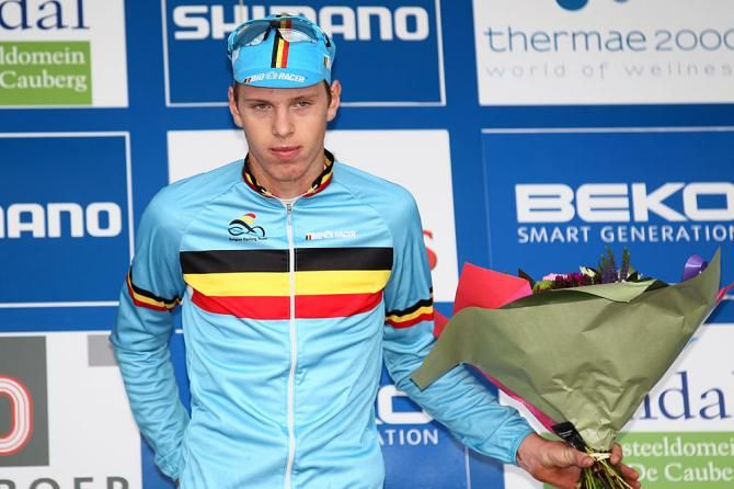Yannick Peeters (Belgium) on the podium having placed 3rd in the junior men's race at the 'cross World Cup in Valkenburg