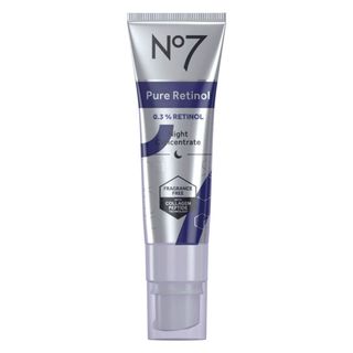 No7 Pure Retinol 0.3% Retinol Night Concentrate in a silver squeeze tube with purple and black lettering is the best retinol for mature skin.