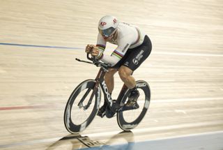 Jeffrey Hoogland on a track bike in the world champion's jersey