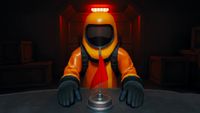 A screenshot from Red Flag, showing a character in an orange hazmat suit sat at a table with a small red flag on in front of them.