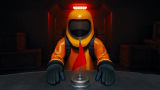 A screenshot from Red Flag, showing a character in an orange hazmat suit sat at a table with a small red flag on in front of them.