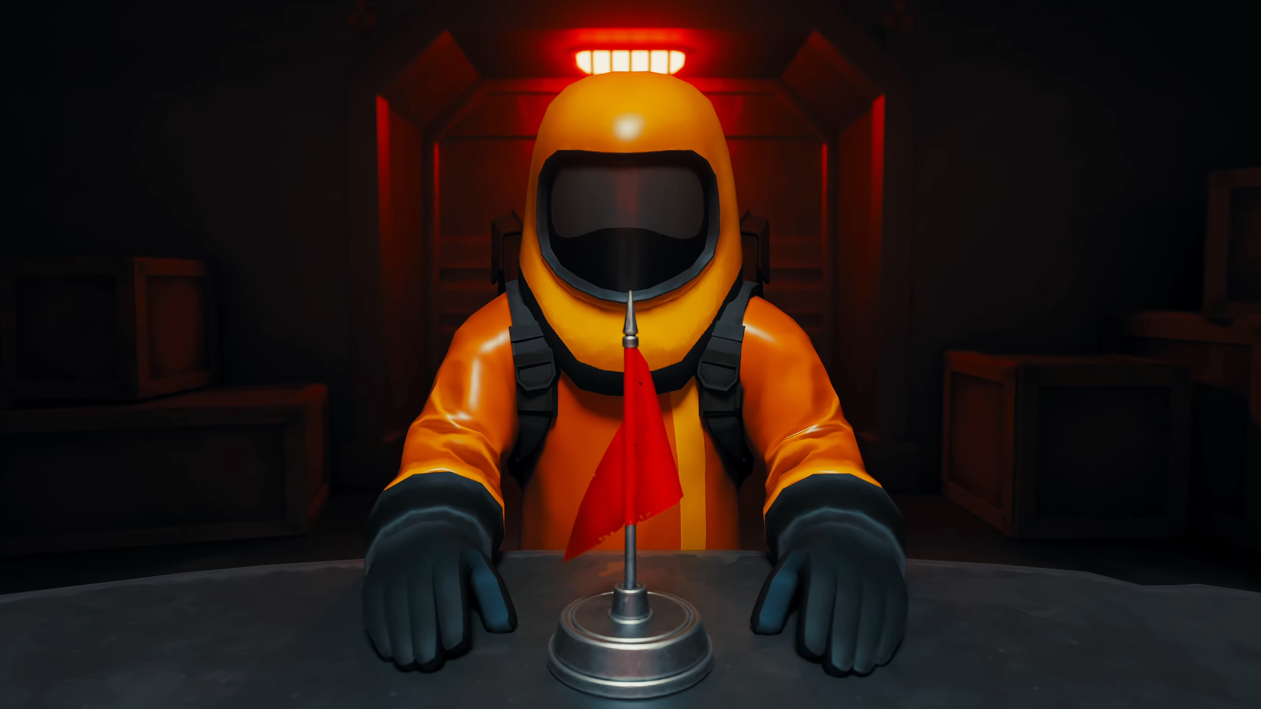 A screenshot from Red Flag, showing a character in an orange hazmat suit sat at a table with a small red flag on in front of them.