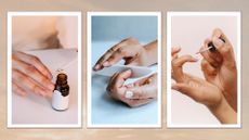 On the left, a close up of someone applying cuticle oil to their nails, in the middle, someone is picture filing their nails and on the right, is a close-up of someone applying pastel pink nail polish to their nails/ in a three-picture sunset-style template