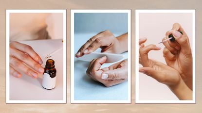 On the left, a close up of someone applying cuticle oil to their nails, in the middle, someone is picture filing their nails and on the right, is a close-up of someone applying pastel pink nail polish to their nails/ in a three-picture sunset-style template