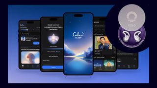 A graphic of five iPhone screens showing the Calm Sleep app overlaid by Ozlo sleep earbuds