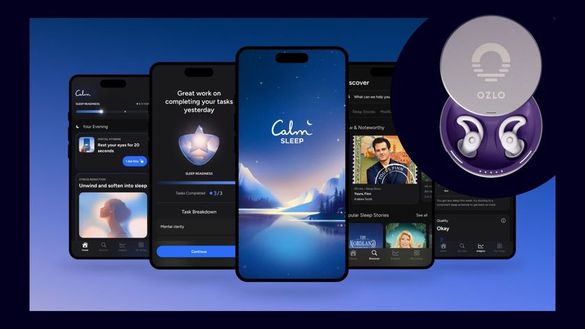 A graphic of five iPhone screens showing the Calm Sleep app overlaid by Ozlo sleep earbuds