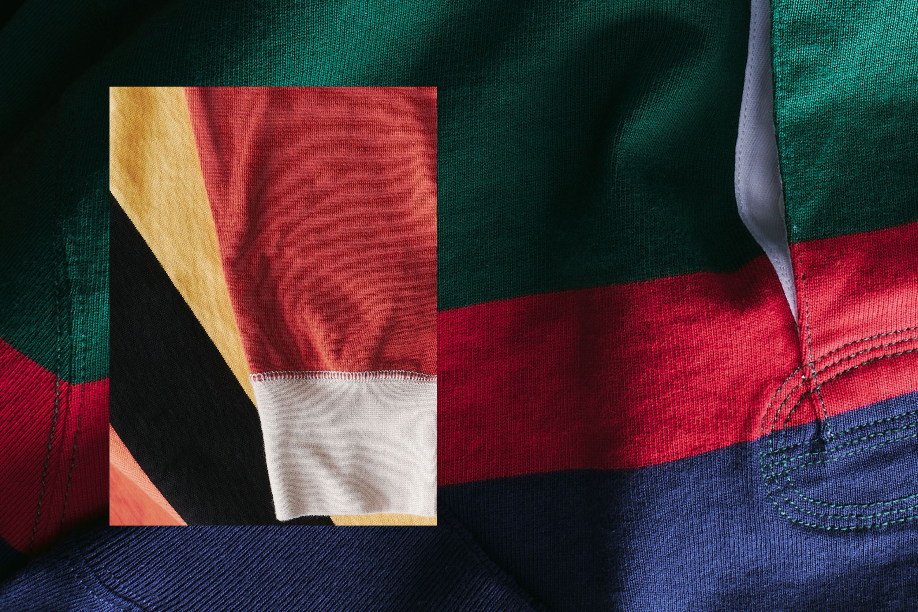 A brightly coloured striped polo shirt in close up detail