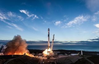 A SpaceX Falcon 9 rocket carrying the final 10 Iridium Next communications satellites for a new constellation launches from Space Launch Complex 4E of Vandenberg Air Force Base in California on Jan. 11, 2019.