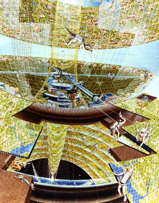 An artist’s depiction of a construction crew at work on the Bernal Spheres colony from space colony summer studies conducted at NASA Ames in the 1970s.