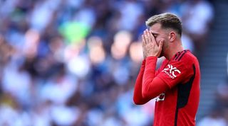 Mason Mount reacts during Manchester United's 2-0 loss at Tottenham in August 2023.