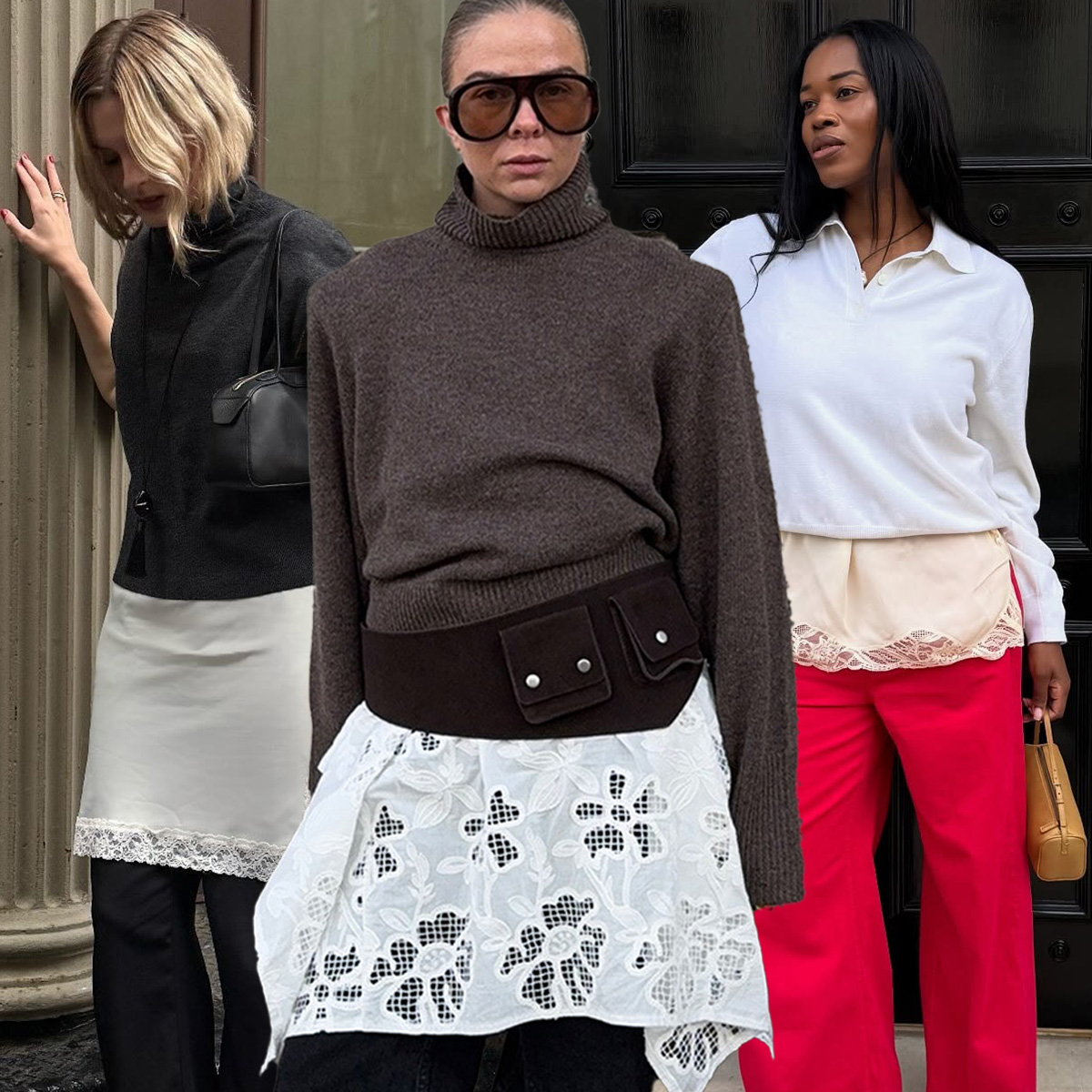 A sweater styling trend is shown in a collage of women's outfit ideas, where they're wearing a sweater layered over a dress that's on top of jeans