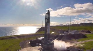 Rocket Lab's Electron booster is pictured on Launch Complex-1 in New Zealand.