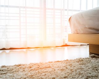 Wool rug in bedroom with light from sunrise entering room