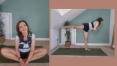 Kerry Law wearing doing yoga with a weighted vest at home