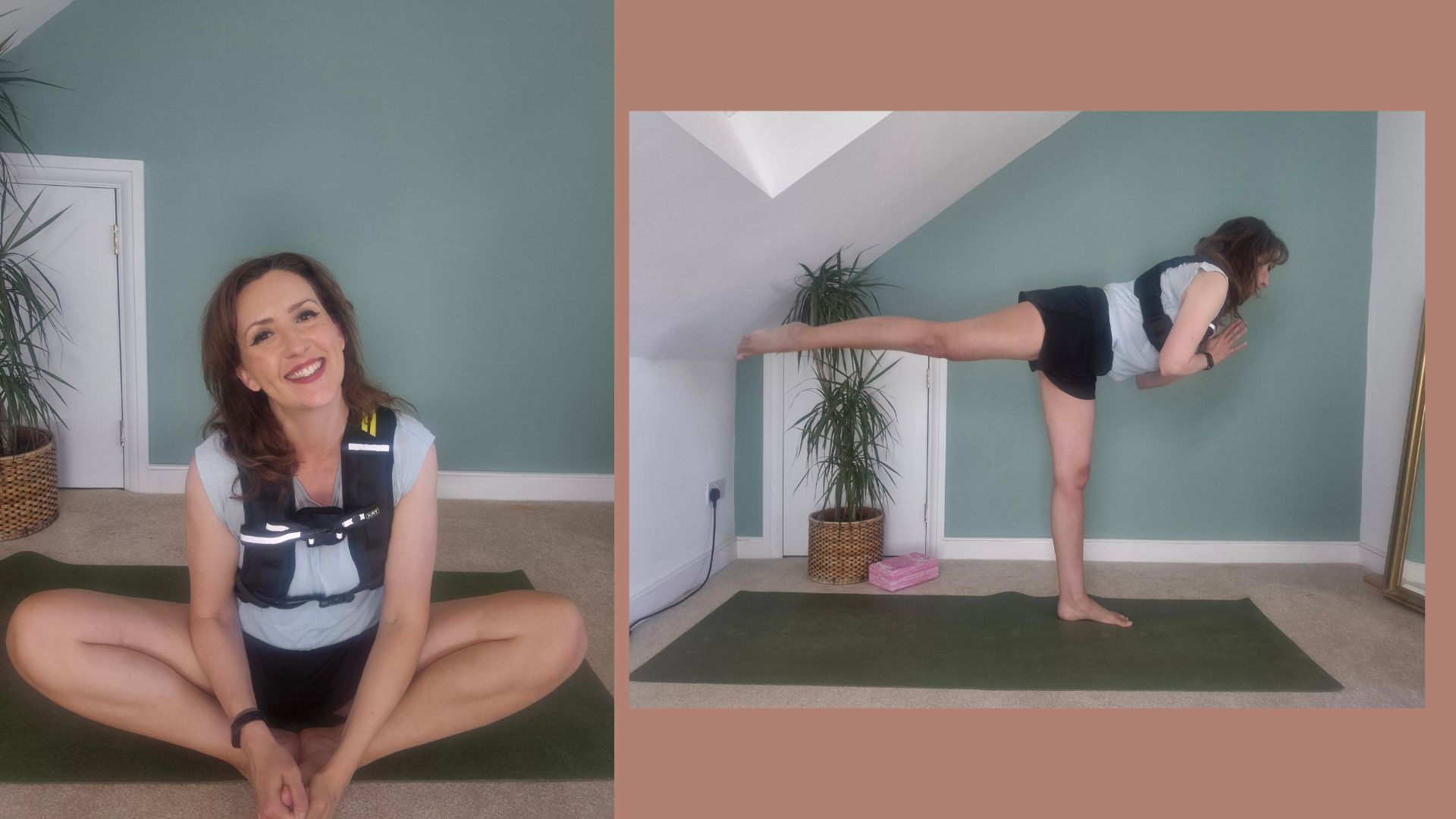 Kerry Law wearing doing yoga with a weighted vest at home