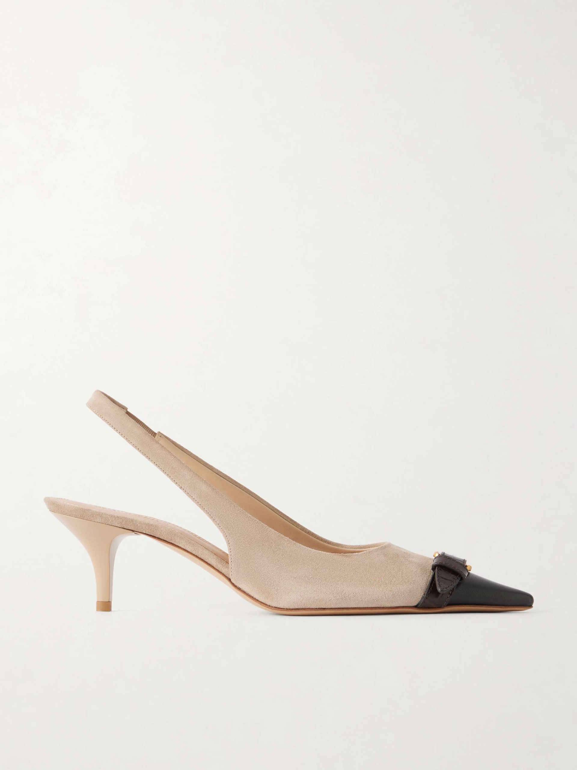 Buckled Leather-Trimmed Suede Slingback Pumps