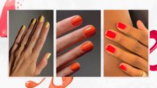 A collage of spritz-inspired nail looks: on the left, is a close-up of a hand with a yellow manicure and in the middle is a close-up of four fingers with bright orange nails, both looks created by nail artist, Mateja Novakovic (@matejanova). And finally, on the right is a close-up of a hand with a short, bright red manicure but nail artist, Julia Diogo (@paintedbyjools). All images are featured in a white marble-like template with pink, orange and red nail polish spills.