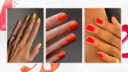 A collage of spritz-inspired nail looks: on the left, is a close-up of a hand with a yellow manicure and in the middle is a close-up of four fingers with bright orange nails, both looks created by nail artist, Mateja Novakovic (@matejanova). And finally, on the right is a close-up of a hand with a short, bright red manicure but nail artist, Julia Diogo (@paintedbyjools). All images are featured in a white marble-like template with pink, orange and red nail polish spills.