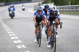 ALTU DE LANGLIRU SPAIN SEPTEMBER 13 LR Remco Evenepoel of Belgium Polka Dot Mountain Jersey and Mattia Cattaneo of Italy and Team Soudal Quick Step compete in the breakaway during the 78th Tour of Spain 2023 Stage 17 a 1244km stage from Ribadesella Ribeseya to Altu de LAngliru 1555m UCIWT on September 13 2023 in Altu de LAngliru Spain Photo by Tim de WaeleGetty Images