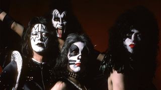 Photo of Ace FREHLEY and Peter CRISS and Paul STANLEY and KISS and Gene SIMMONS; L-R: Ace Frehley, Gene Simmons, Peter Criss, Paul Stanley - posed, studio, group shot 