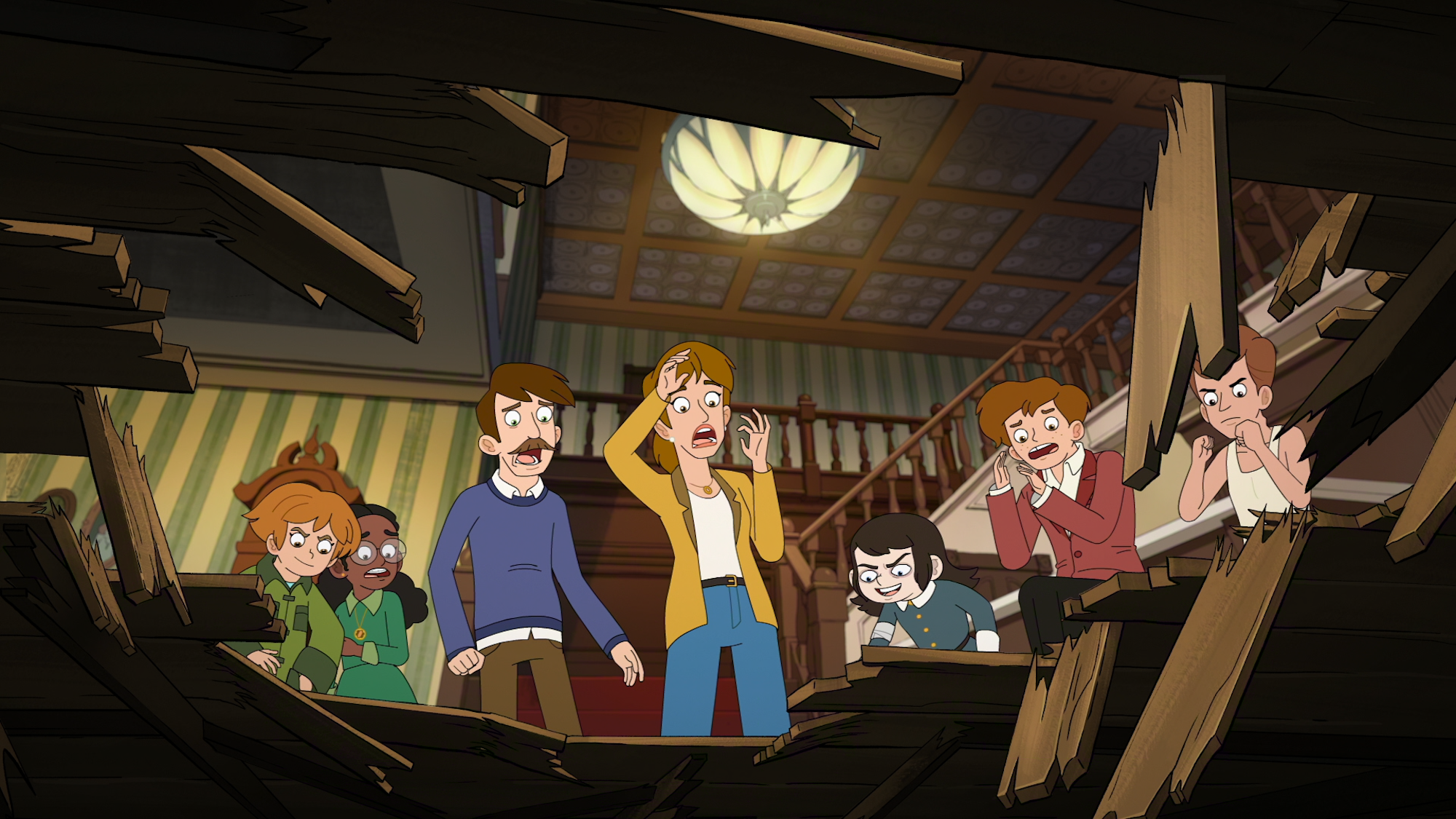 Nathan, katherine, Ben, Esther, Abaddon and other characters all standing around looking shocked and angry at a giant hole in the floor with wooden beams hanging in Haunted Hotel Season 2