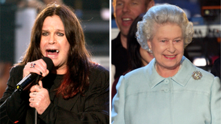 Ozzy Osbourne onstage in 2002, next to a picture of Queen Elizabeth II