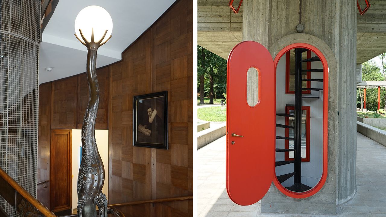 Lamp and red door in brutalist building