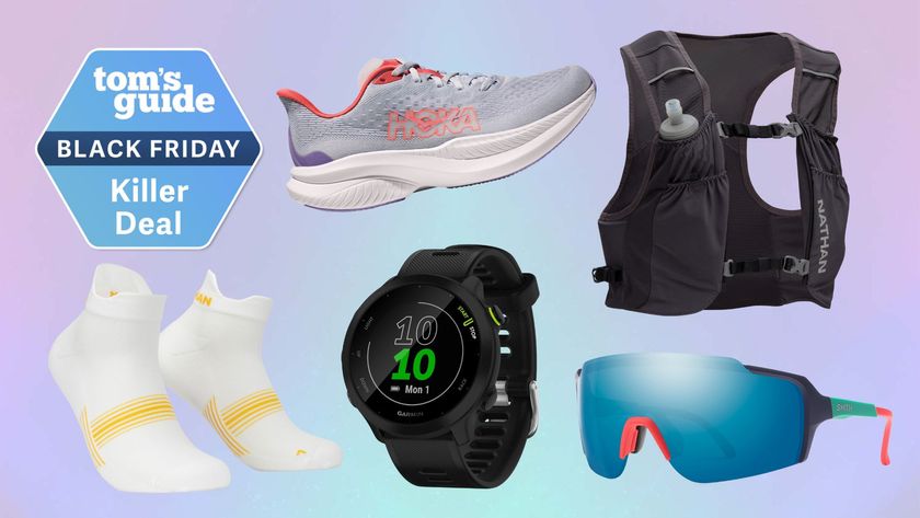 a selection of running apparel including socks, a watch, sunglasses, a sneaker and a hydration vest next to a Tom&#039;s Guide Black Friday Killer Deal label