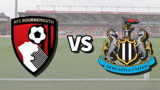The AFC Bournemouth and Newcastle United club badges on top of a photo of the Vitality Stadium in Bournemouth, England