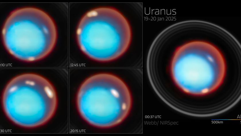 A series of four small boxes on the left of the image and one large box on the right, each showing a circle with blue in the bottom left of the circle and a ring of glowing red around it, representing Uranus' atmosphere.