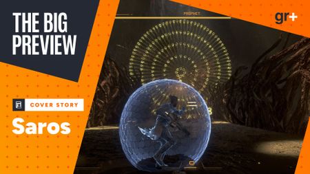 Arjun shields up as Prophet blasts out a spiral of yellow corrupted bullets in a Saros boss fight, with the GamesRadar+ Big Preview frame