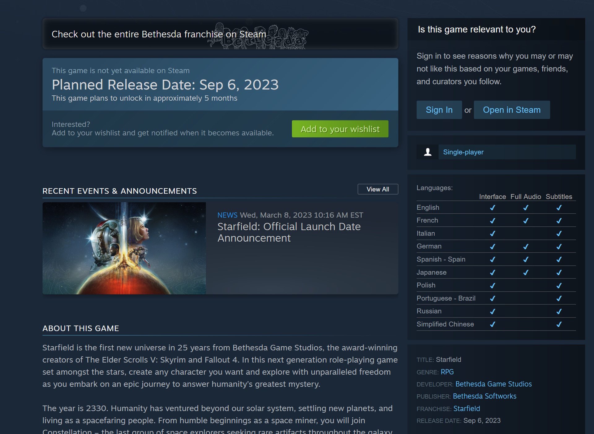 Starfield Steam page - March 29, 2023