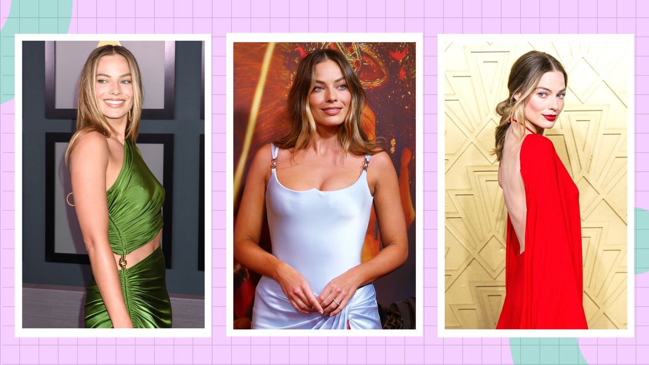 three of Margot Robbie&#039;s red carpet looks—including Margot pictured wearing a green satin dress, a blue vintage Versace dress and a red, backless dress during red carpet events/ in a purple and green template