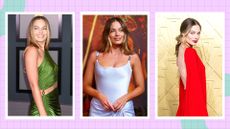three of Margot Robbie's red carpet looks—including Margot pictured wearing a green satin dress, a blue vintage Versace dress and a red, backless dress during red carpet events/ in a purple and green template