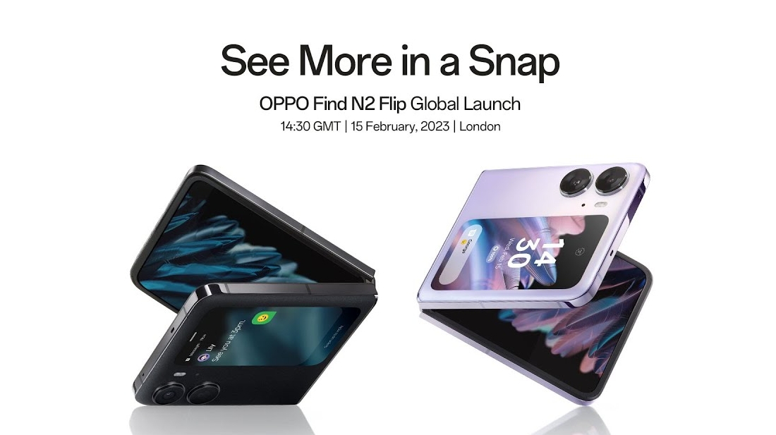 A marketing image announcing the global launch of the Oppo Find N2 Flip