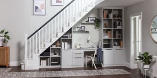 grey home office under white painted staircase