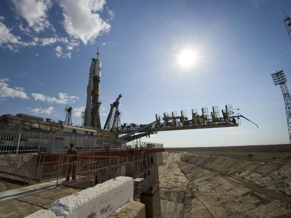 The Soyuz TMA-02M spacecraft is seen at the launch pad after being raised into vertical position on June 5, 2011, at the Baikonour Cosmodrome in Kazakhstan. The launch of the Soyuz spacecraft with Expedition 28 Soyuz commander Sergei Volkov of Russia, NAS