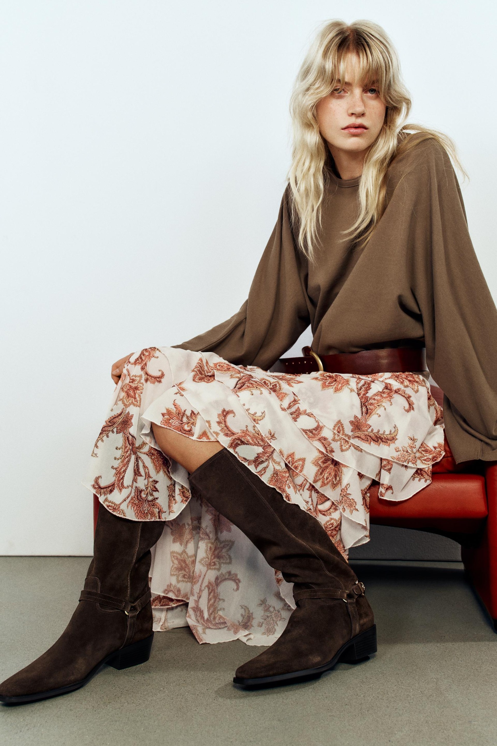 Suede Tall Boots - Brown - 5
