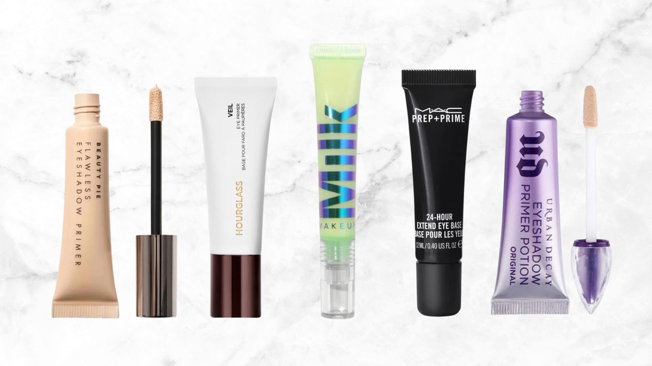 Collage of five of the best eyeshadow primers featured in this guide from (left to right) Beauty Pie, Hourglass, Milk Makeup, MAC Cosmetics and Urban Decay, set against a white marble background