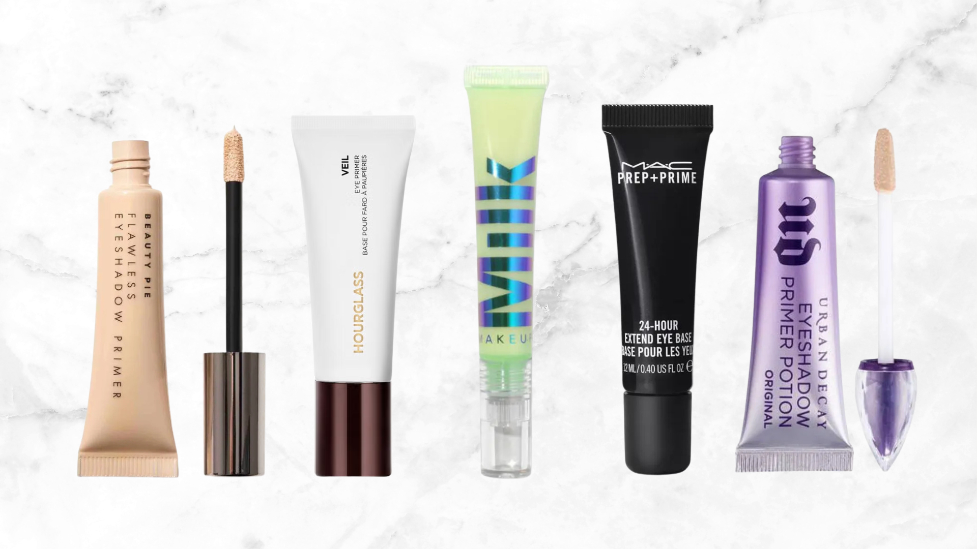 Collage of five of the best eyeshadow primers featured in this guide from (left to right) Beauty Pie, Hourglass, Milk Makeup, MAC Cosmetics and Urban Decay, set against a white marble background