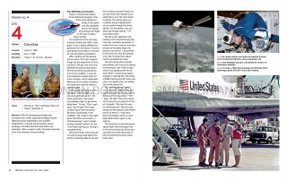 Sample two-page spread from the book "Space Shuttle Stories," showing blocks of text and a photo of four people standing next to a space shuttle.