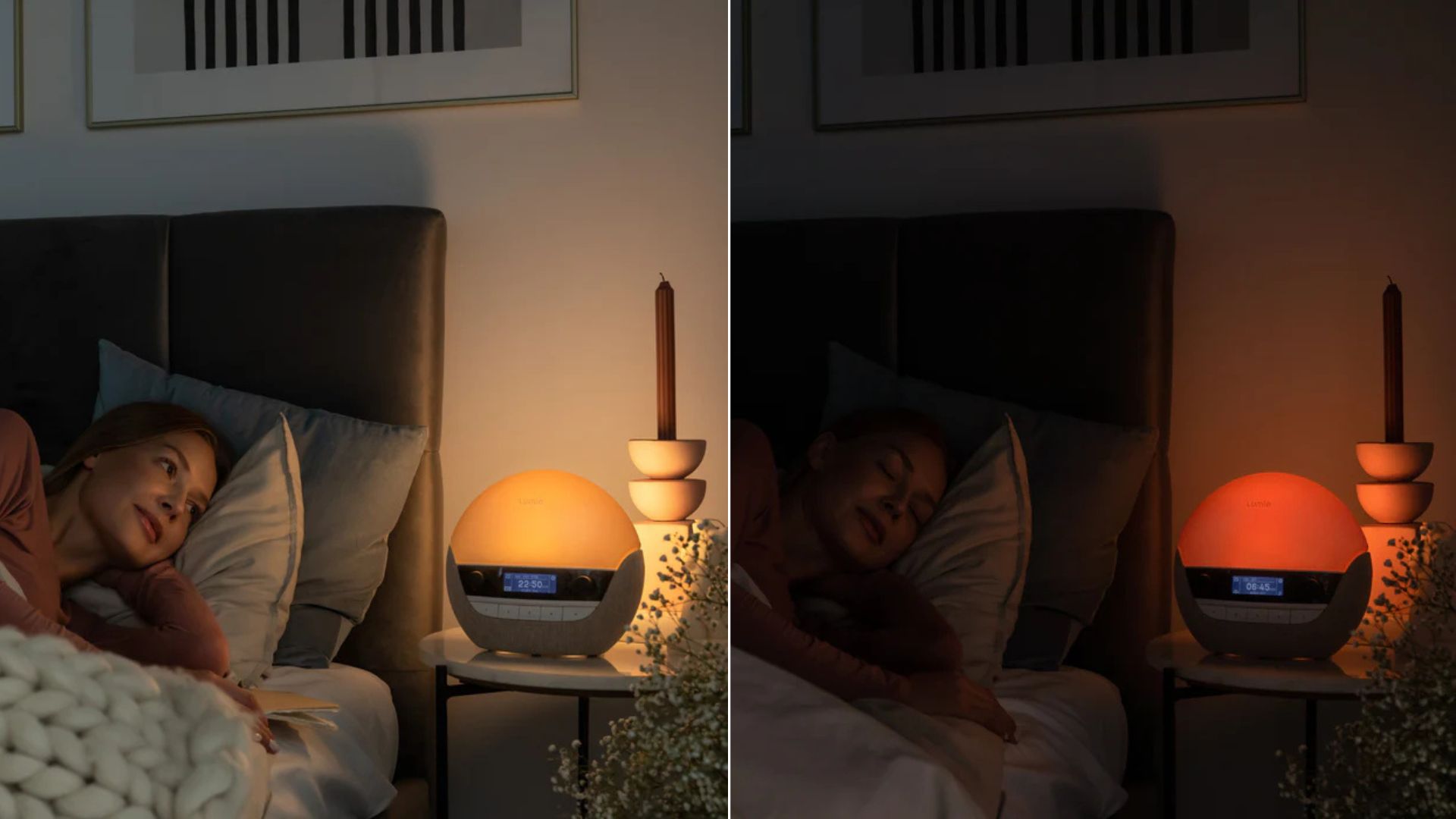 A split screen of woman using the Lumie Bodyclock Luxe 700FM's sunrise and sunset feature.