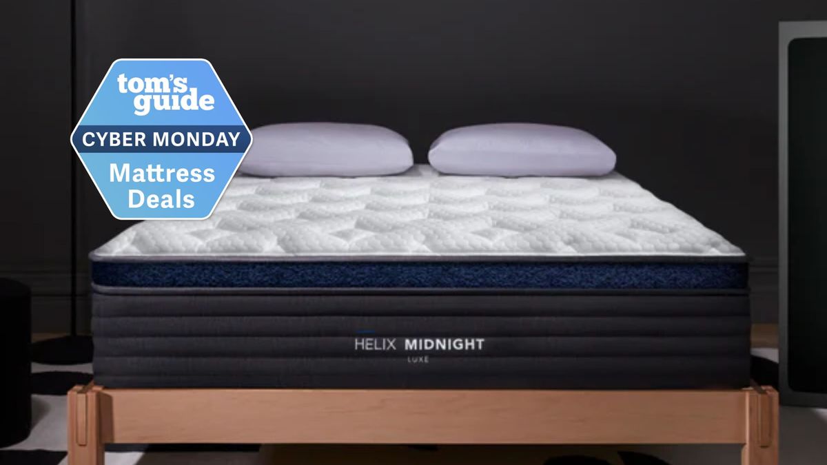 The image shows the Helix Midnight Luxe mattress with a Cyber Monday deal badge overlaid on top