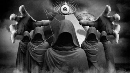 Illustration of hooded figures in front of a pyramid, Eye of Providence symbol and a pair of grasping hands