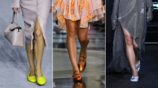 A composite of models on the runway showing shoe trends 2023 ballet flats
