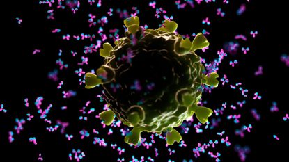 illustration of an HIV virus particule being swarmed by y-shaped antibodies