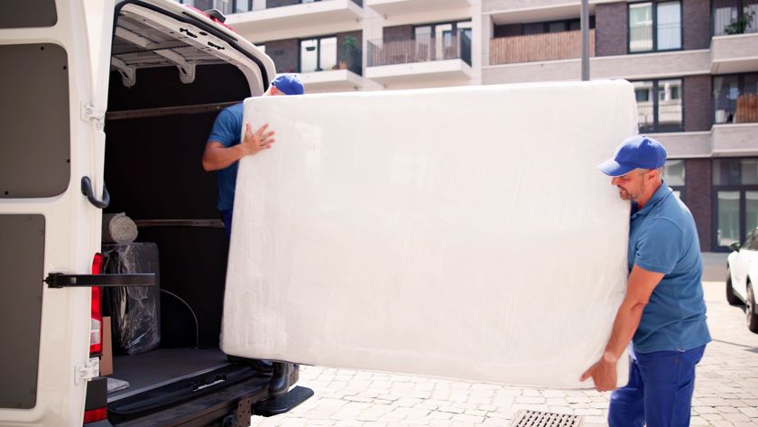 Two movers moving a mattress into a van